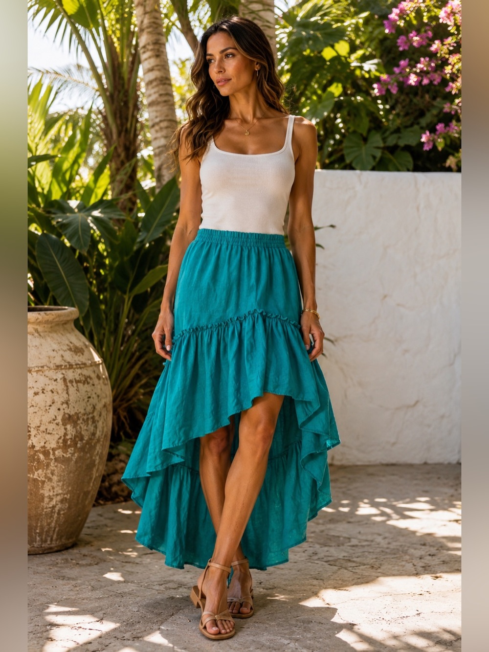 Linen Teal High-Low Tiered Maxi Skirt - Women | size small